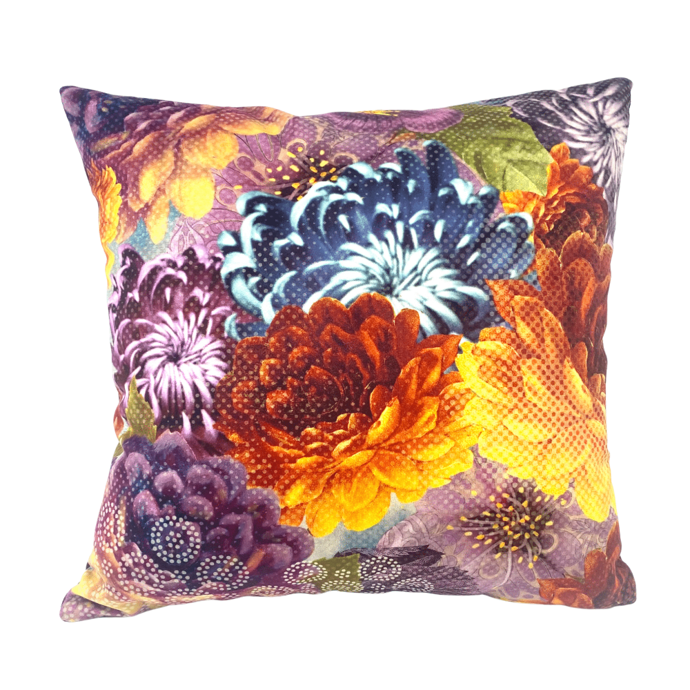 Velour Print Cushion Dahlias Orange