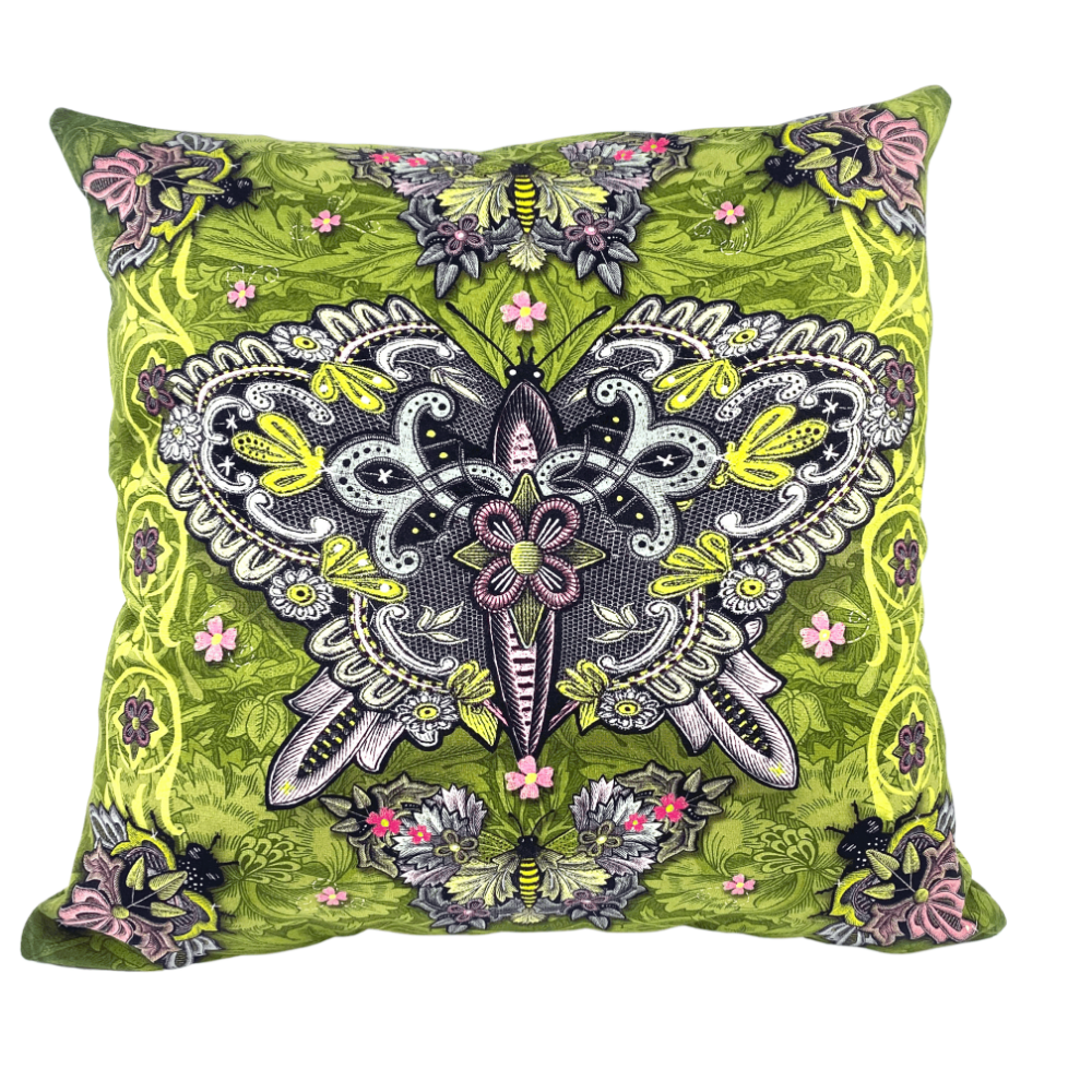 Velour Print Cushion Green Butterfly